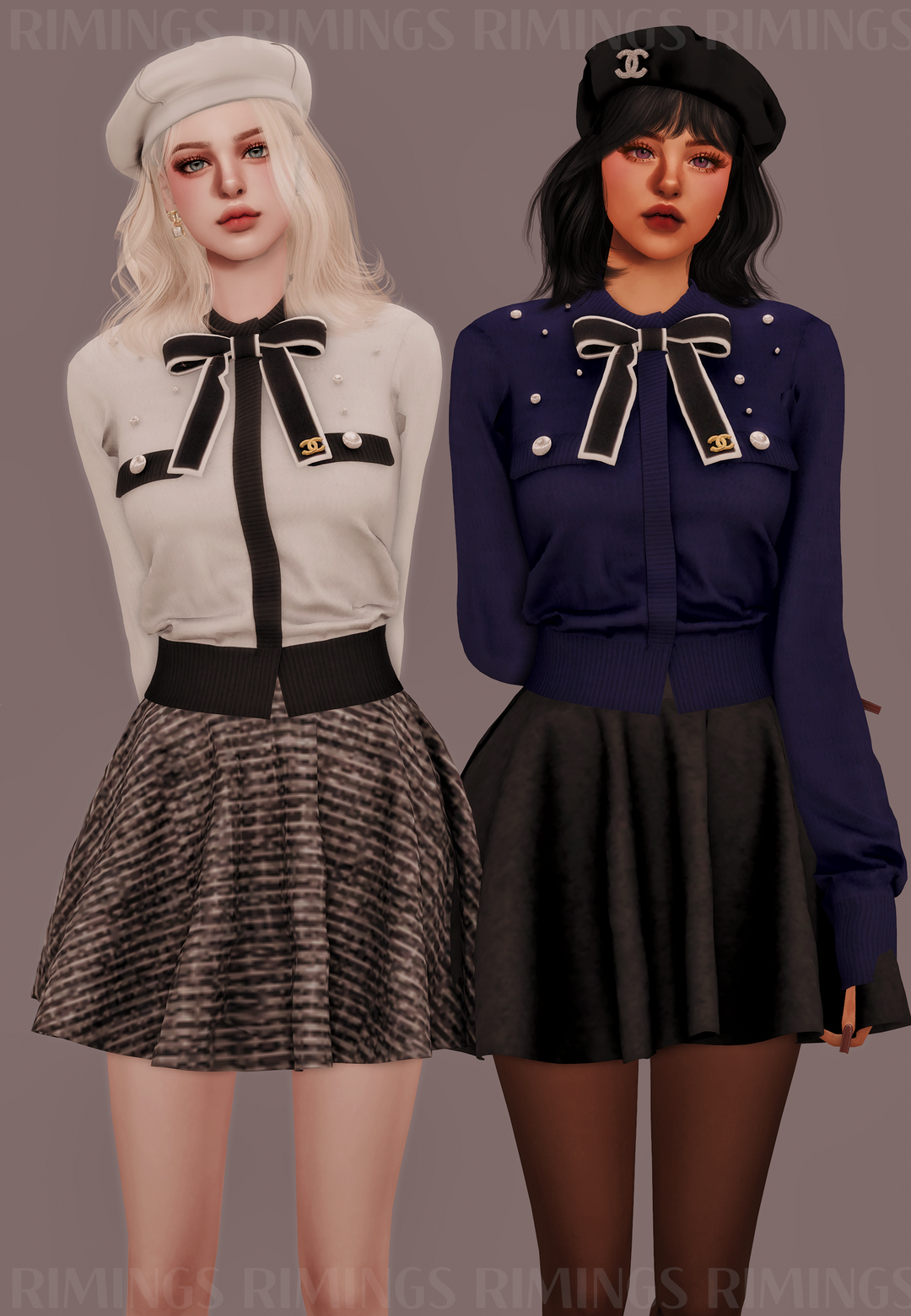 Галерея мода Комплект Riboon Brooch Pearl Cardigan & Flared short Skirt #1